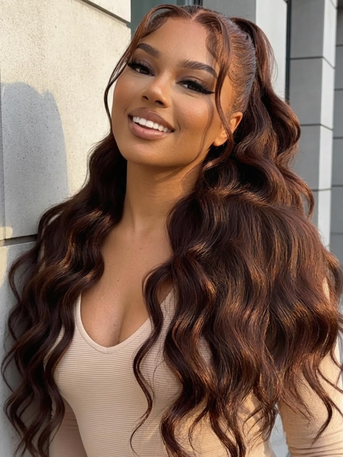 KLAIYI Auburn Chestnut Brown Loose Body Wave Pre Everything Glueless 13x4 Lace Front Wigs Human Hair Drawstring Precut Lace Pre Plucked Bleached Ready to Wear a