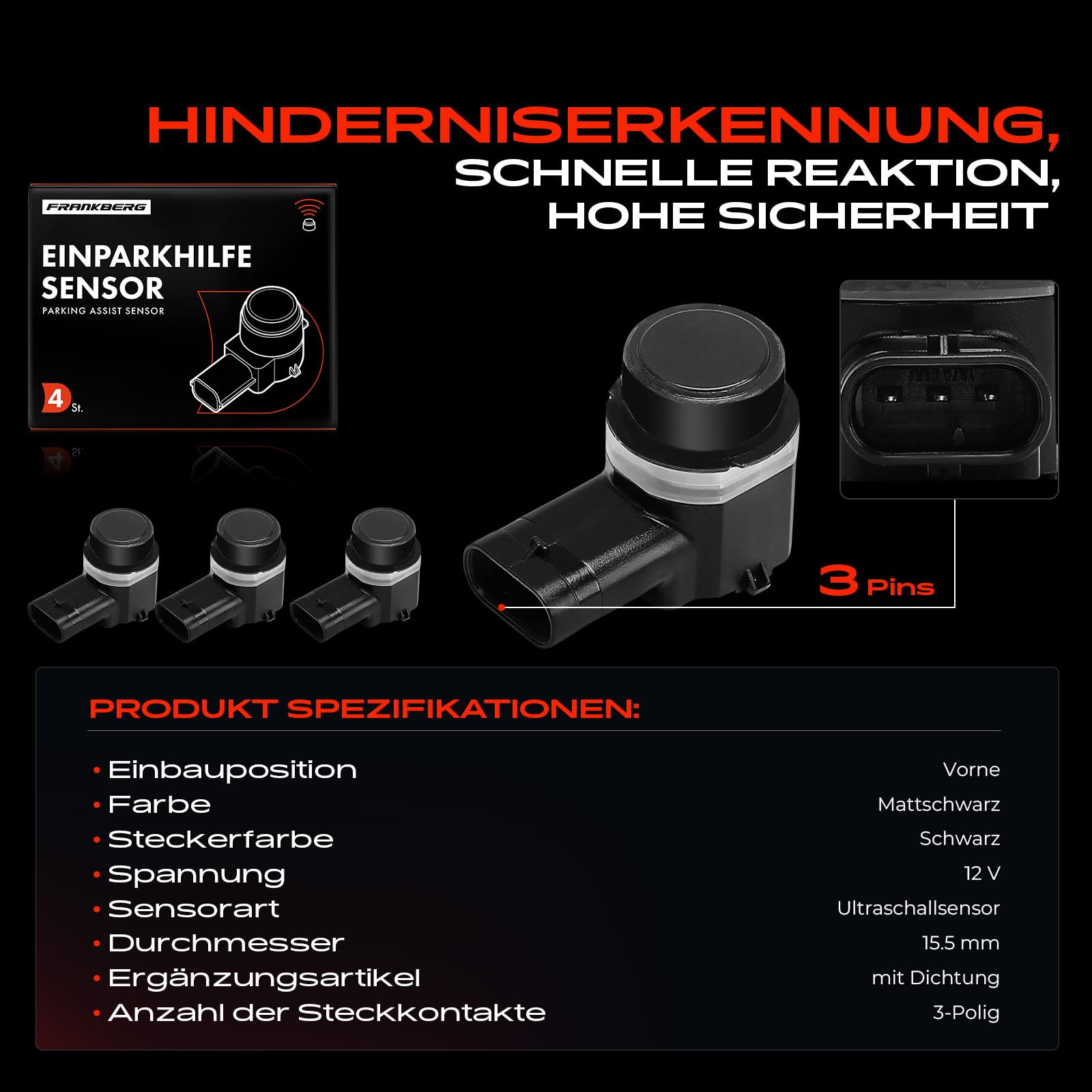 Frankberg 4x Parksensor Vorne Kompatibel mit A3 8P1 1.2L 2003-2012 T.i.g.u.a.n 5N 1.4L 2007-2018 Toura.n 1T1 1T2 1.4L 2003-2010 Toura.n 1T3 1.2L 2010-2015 Replace# 1T0919275A