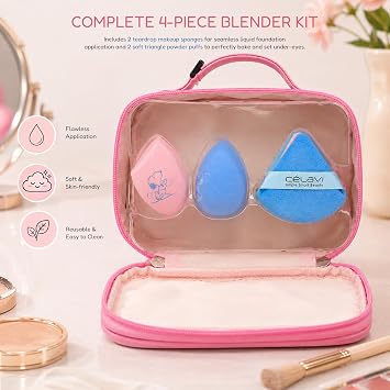CELAVI x Peanuts Snoopy Makeup Blender Set with Travel Bag - 4 Pc Beauty Sponge & Powder Puff Kit for Foundation & Concealer - Cute Pink Portable Cosmetic Case with Handle
