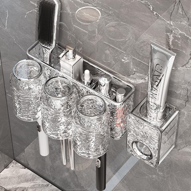 Image of Wall Mounted Toothpaste Dispenser with Toothbrush Holder - Transparent ABS Plastic, No-Drill Adhesive Installation, Waterproof & Space-Saving Bathroom Organizer (3 Cup Holder + THD)
