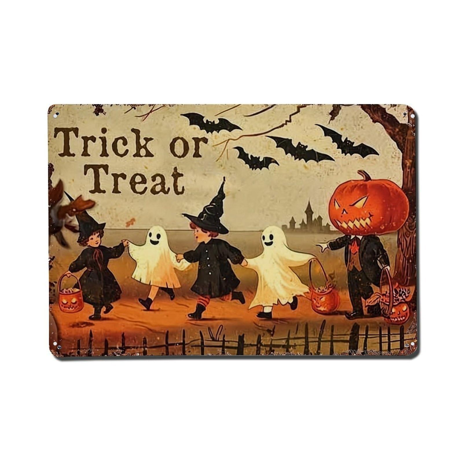 Trick Or Treat Halloween Children Retro Metal Tin Sign, Vintage Decor Art Poster for Bar, Home, Man Cave, Kitchen, Laundry Room Gift 8x12Inch