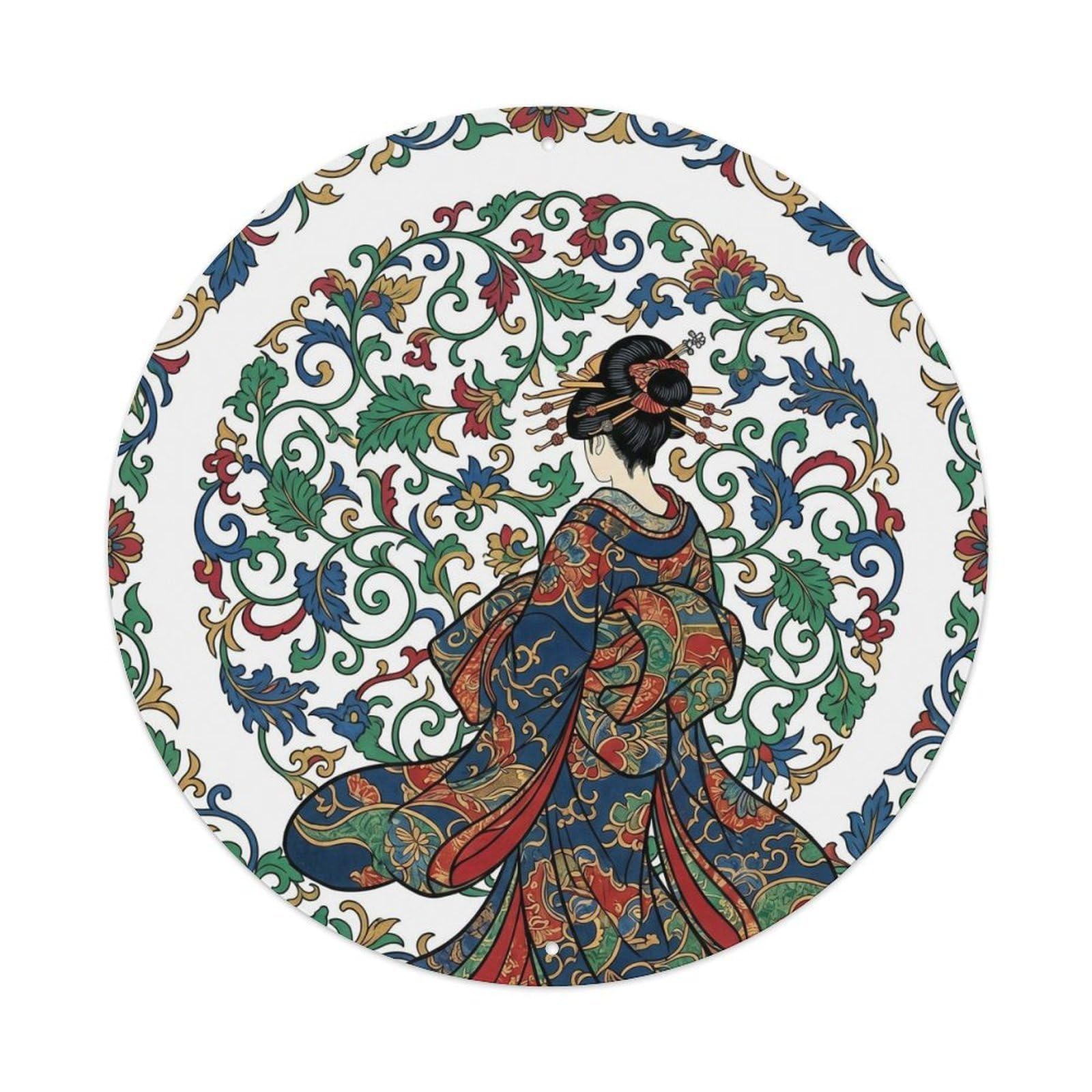 Galvaxio Style Japanese Kimono Woman Viewing Karakusa Arabesque Vine Pattern Metal Tin Sign