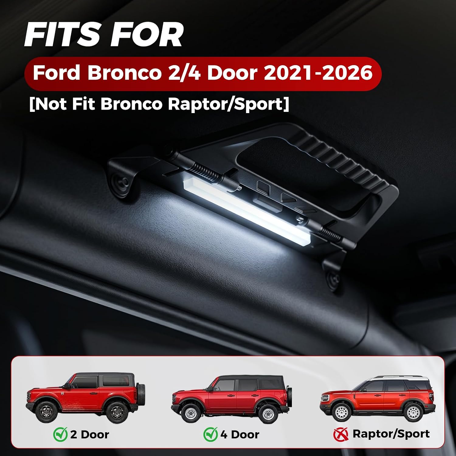 Grab Handles with LED Interior Light Kit, Compatible with Ford Bronco 2021-2026 2/4 Door, Foldable Aluminum Alloy Roll Bar Grab Handles Accessories, 4PCS, (NOT for Raptor/Sport)