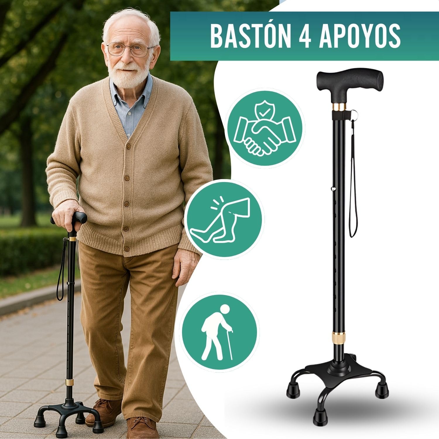 OrtoPrime Bastón 4 Patas Ergonómico Bastón Cuadrípode - Bastones para Mayores Regulables - Bastones Ortopédicos Mujer Y Hombre Baston Anciano -Bastones para Caminar Modernos Baston con Cuatro Apoyos