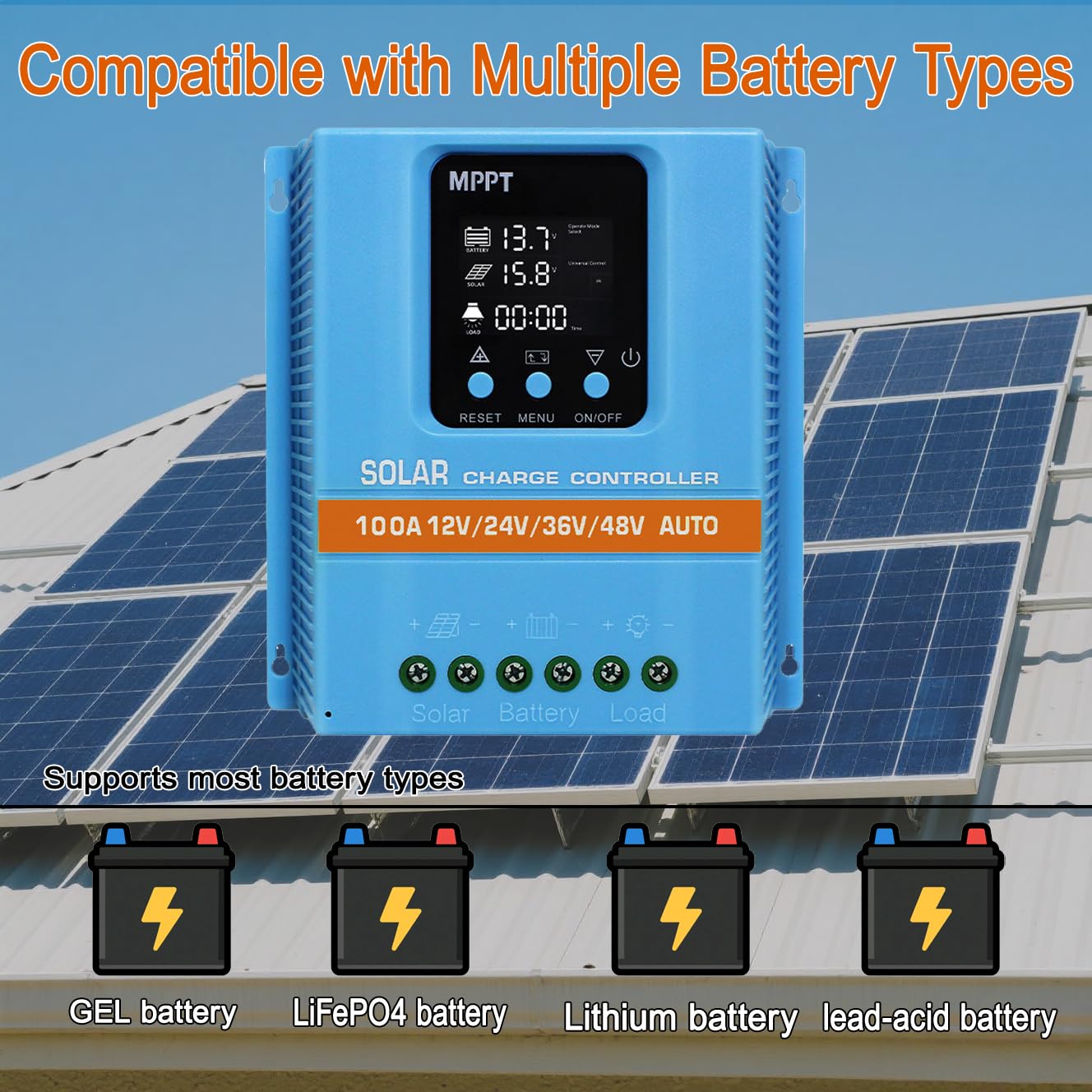 Regolatore Solare 100A MPPT/PWM Ibrido | Riconoscimento Auto 12V/24V/36V/48V | Display LCD & Dual USB | Per Batterie Litio (LiFePO4) & Piombo | Ideale per Camper, Casa e Giardino