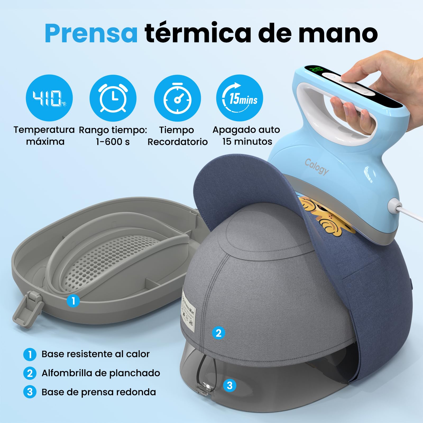Calogy Máquina de prensa de calor de tapas, transferencia de sombreros de temperatura máxima de 210 ℃ con temporizador de cuenta regresiva, apagado automático