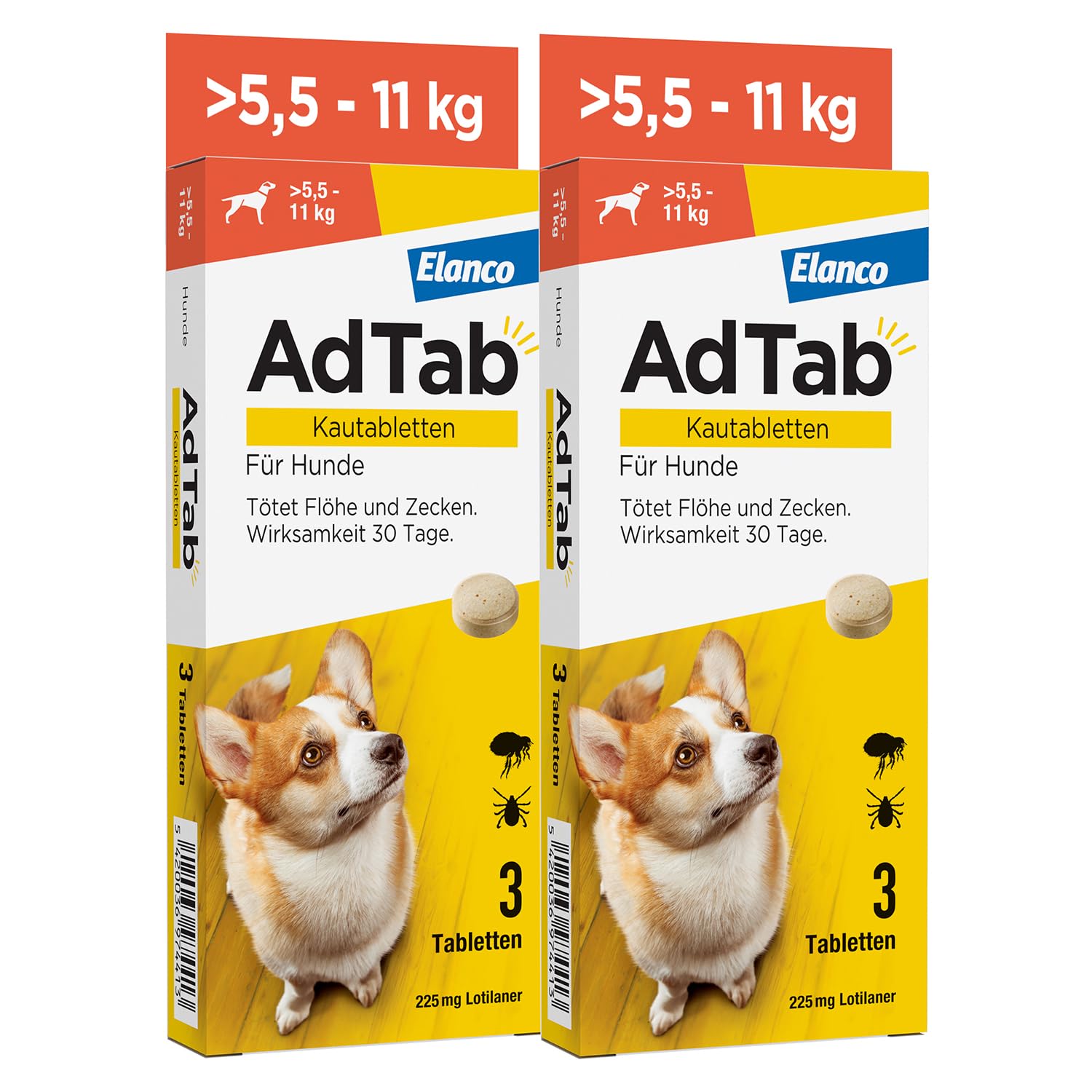 AdTab Hund 5,5-11 kg - Kautablette gegen Zecken & Flöhe, Doppelpack(6 St.) | Kleine Kautablette mit Rindfleischgeschmack. 3 Monate Floh- & Zeckenschutz für deinen Hund, schnelle Wirkung & einfache Gabe.