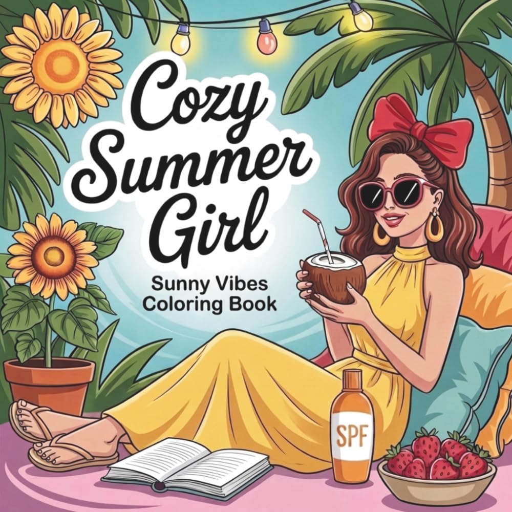 Cozy Summer Girl - Sunny Vibes Coloring Book: Bold and Easy Designs for Adults and Teens for Stress Relief