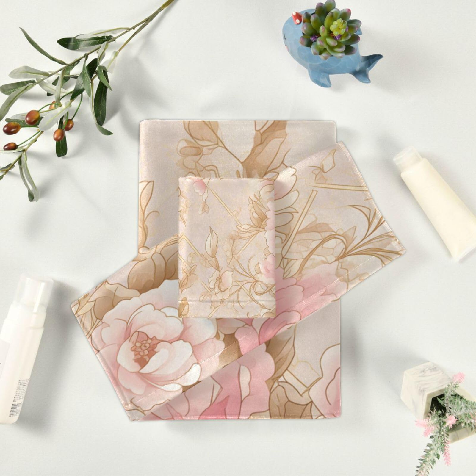 Set di 3 asciugamani per il viso con motivo floreale color pesca e oro, ad asciugatura rapida, 1 asciugamano da bagno, 1 asciugamano per le mani, 1 panno per la casa, cucina e famiglia