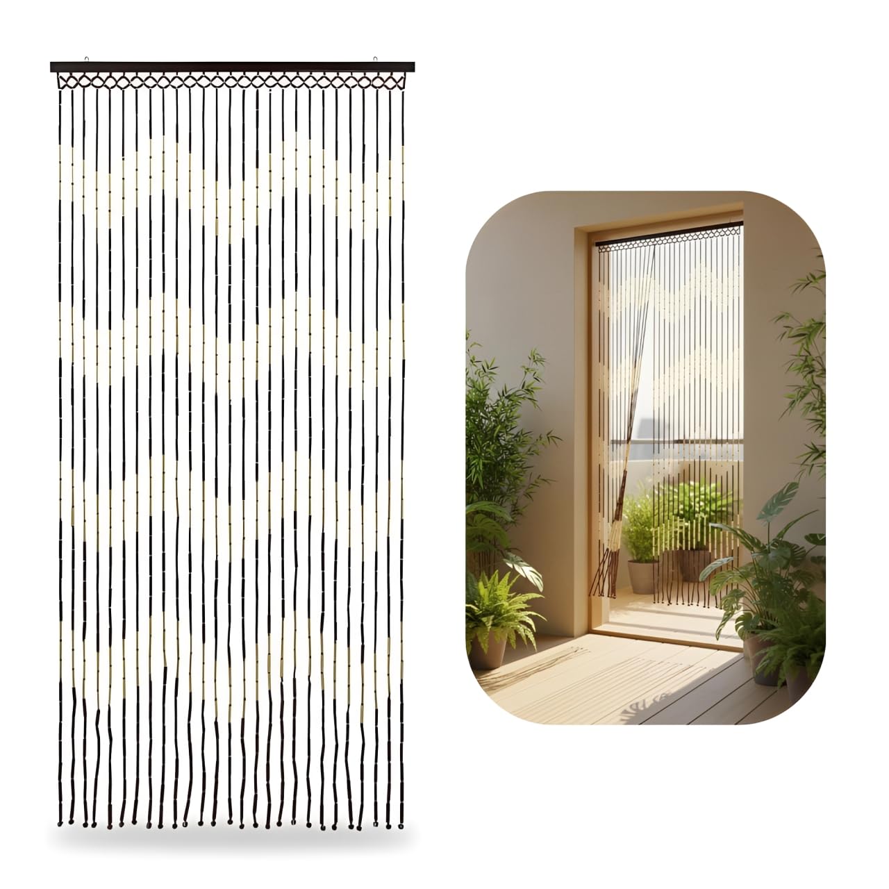 Sizi Handcrafted Bamboo Beaded Door Curtain – Natural Wooden Bead Door Screen for Doorways & Windows | Fly & Insect Protection, Room Divider (180cm x 90cm)