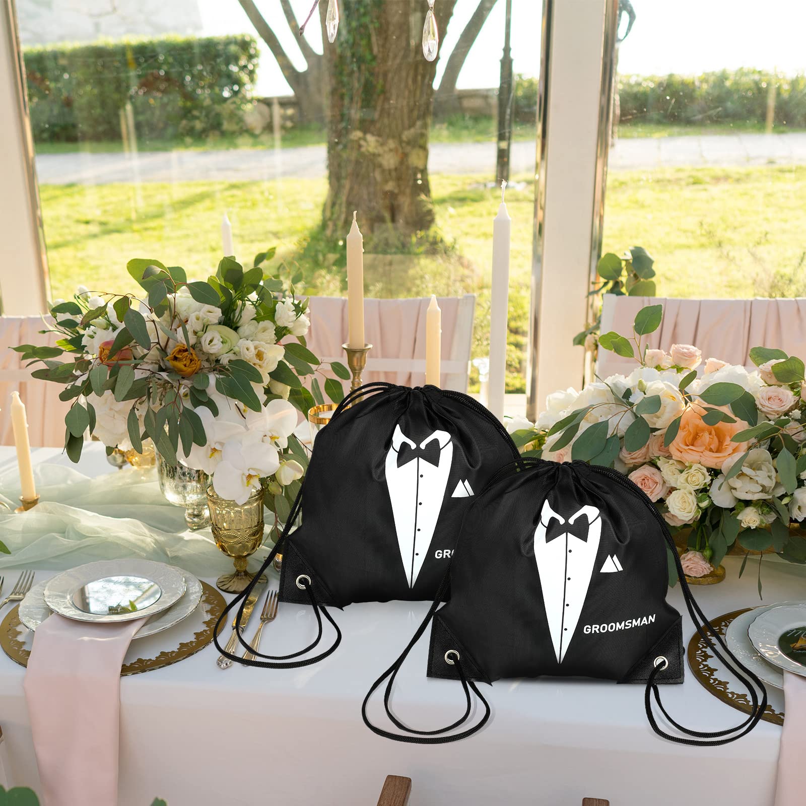 Shappy 7 Pack 9 x 9.9 Inches Groomsmen Gifts Bags for Wedding Party Favor Bags with Drawstring Black Bachelor Present Set for Groomsman Proposal Father's Birthday Anniversary Boss Party Supplies