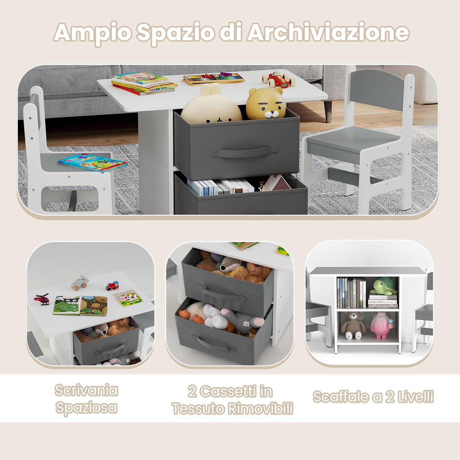 COSTWAY Set Tavolo e Sedie per Bambini 1-7 Anni, Tavolino in Materiale Atossico e Indore con 2 Sedie Ergonomiche con Schienale, Angoli Arrotondati, Ideale per Giocare, Disegnare e Leggere (Grigio)