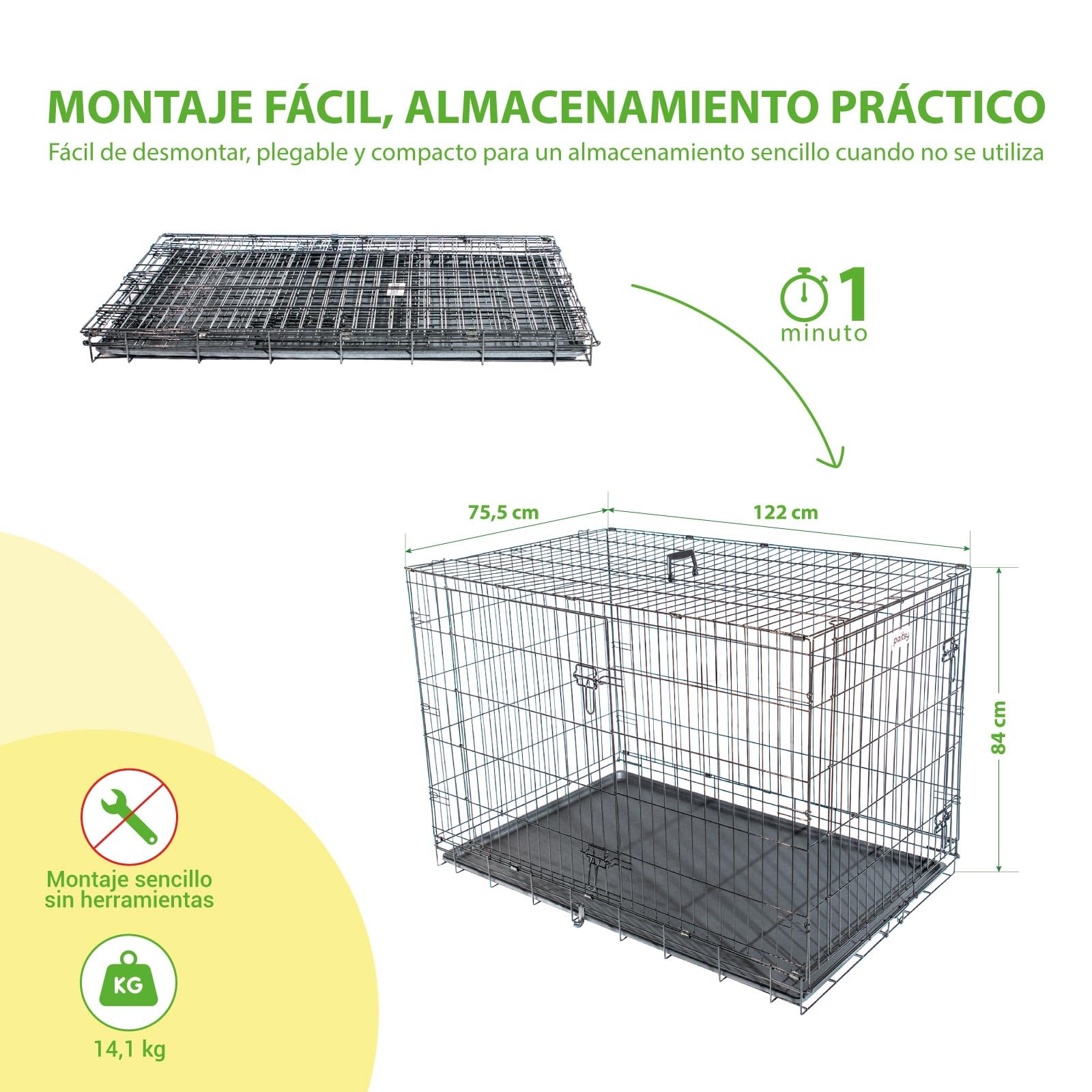Gabbia per cani di grandi dimensioni Fortressoo2XL, 122 x 75 x 84 cm, pieghevole, 2 porte, vassoio rimovibile, uso interno, garanzia di 5 anni