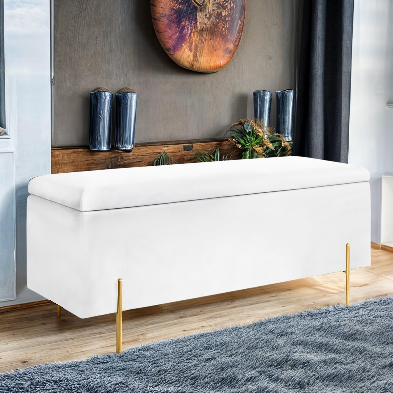 Harveys Living Plain Ottoman Storage Box - Engineered Wood Luxurious Plush Velvet Ottoman Storage Bench (White, Legs) — image 1