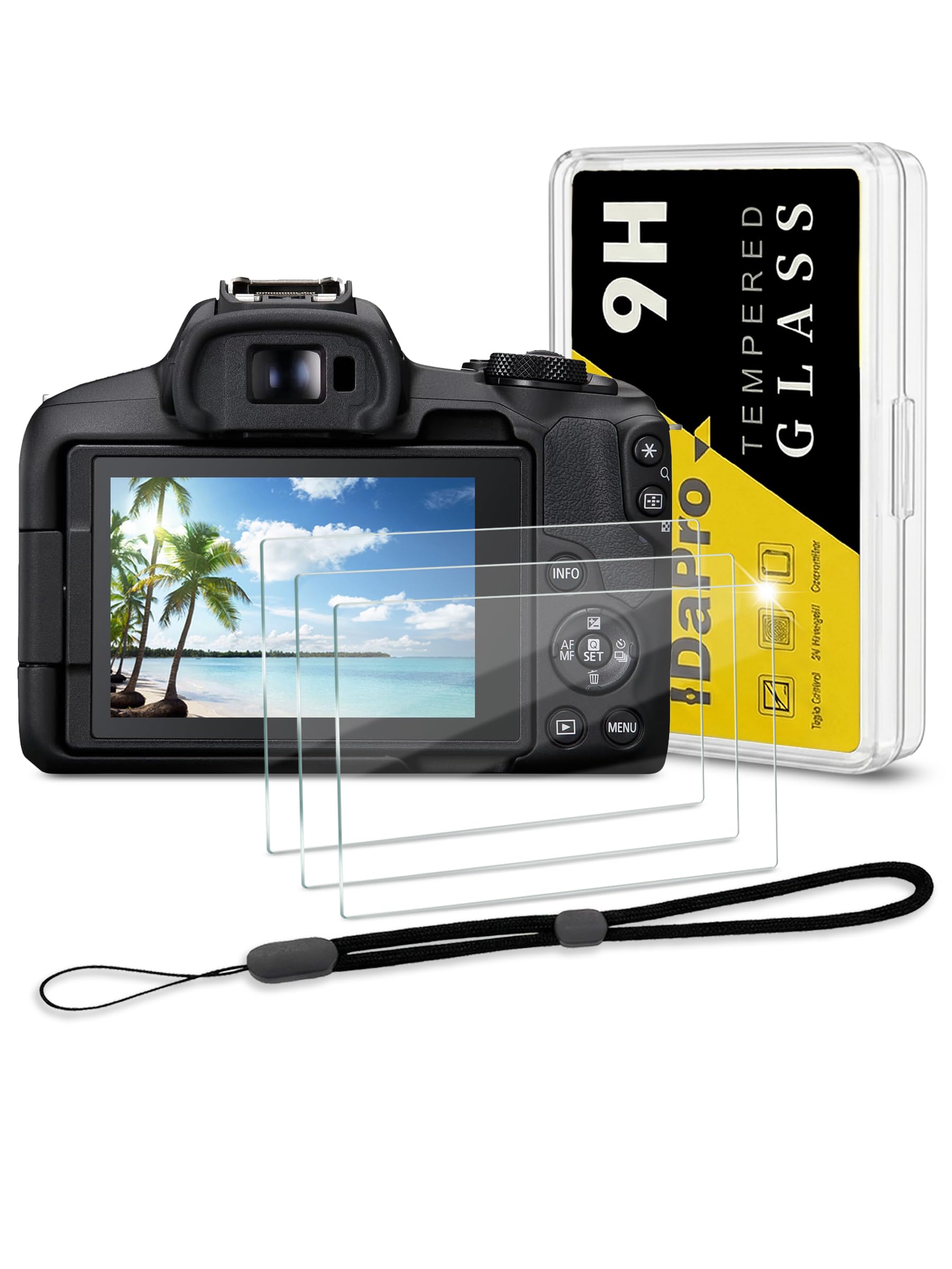 iDaPro Screen Protector for Canon EOS R50 / EOS R8 + Hand Lanyard [3+1 Pack] Tempered Glass Easy Installation