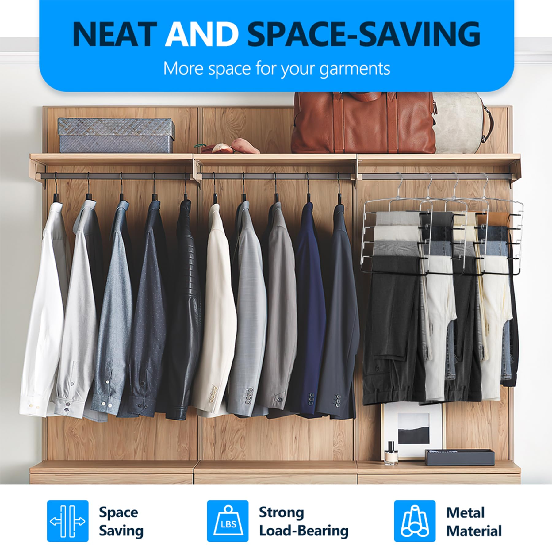 feasteery Schwingarm-Kleiderbügel, 5-stöckig mit rutschfestem Hosenregal, Schrank-Organizer für Hosen, Jeans, Krawatten, Schals, 4 Stück