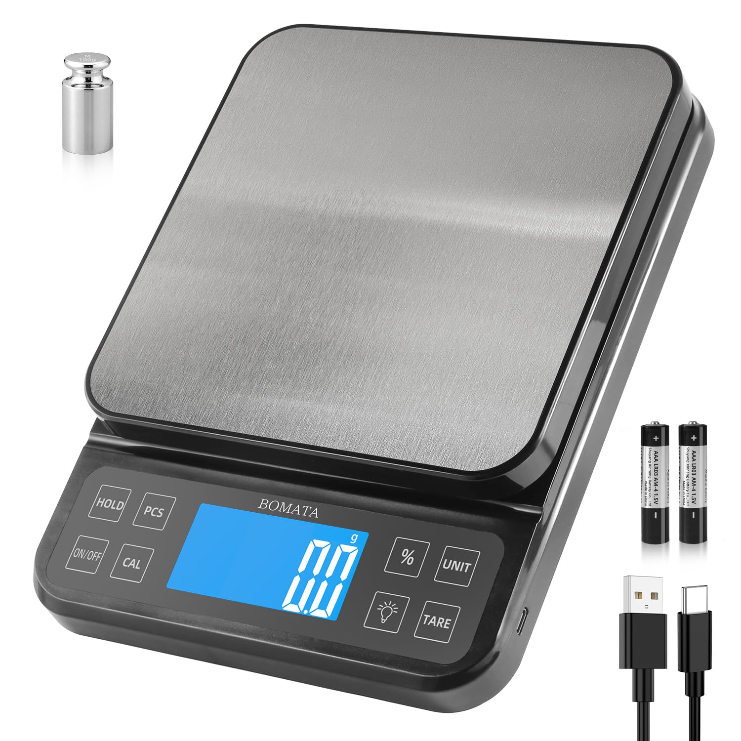 BOMATA Large Kitchen Scale with 0.1g/0.001oz High Precision, 5kg/11lb Bakery Scale with% Percentage Function, USB Rechargeable, Full-View Angle LCD with Backlight, Stainless Steel Pan