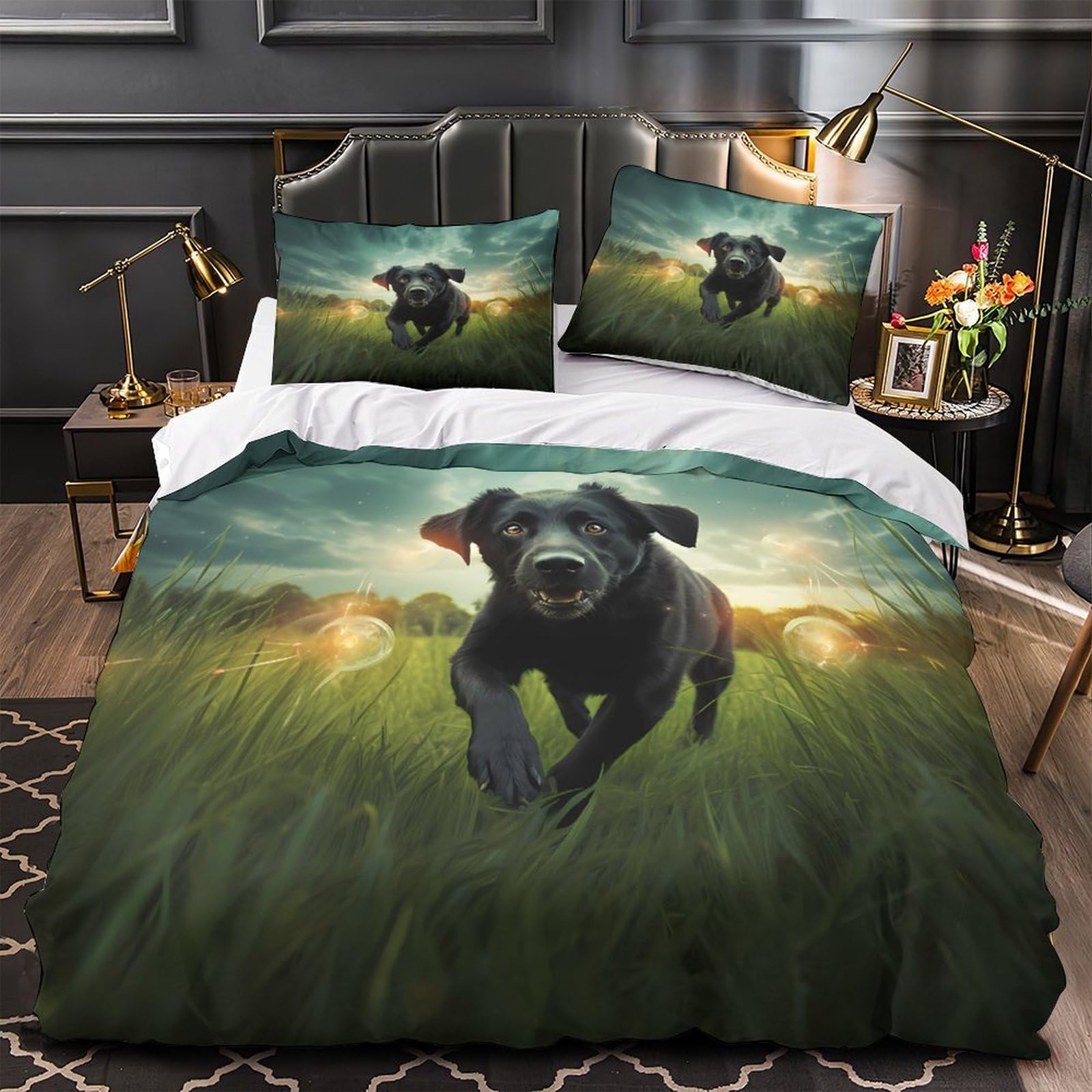 Housse de couette chien noir 3D Super King 260x220 cm avec taies