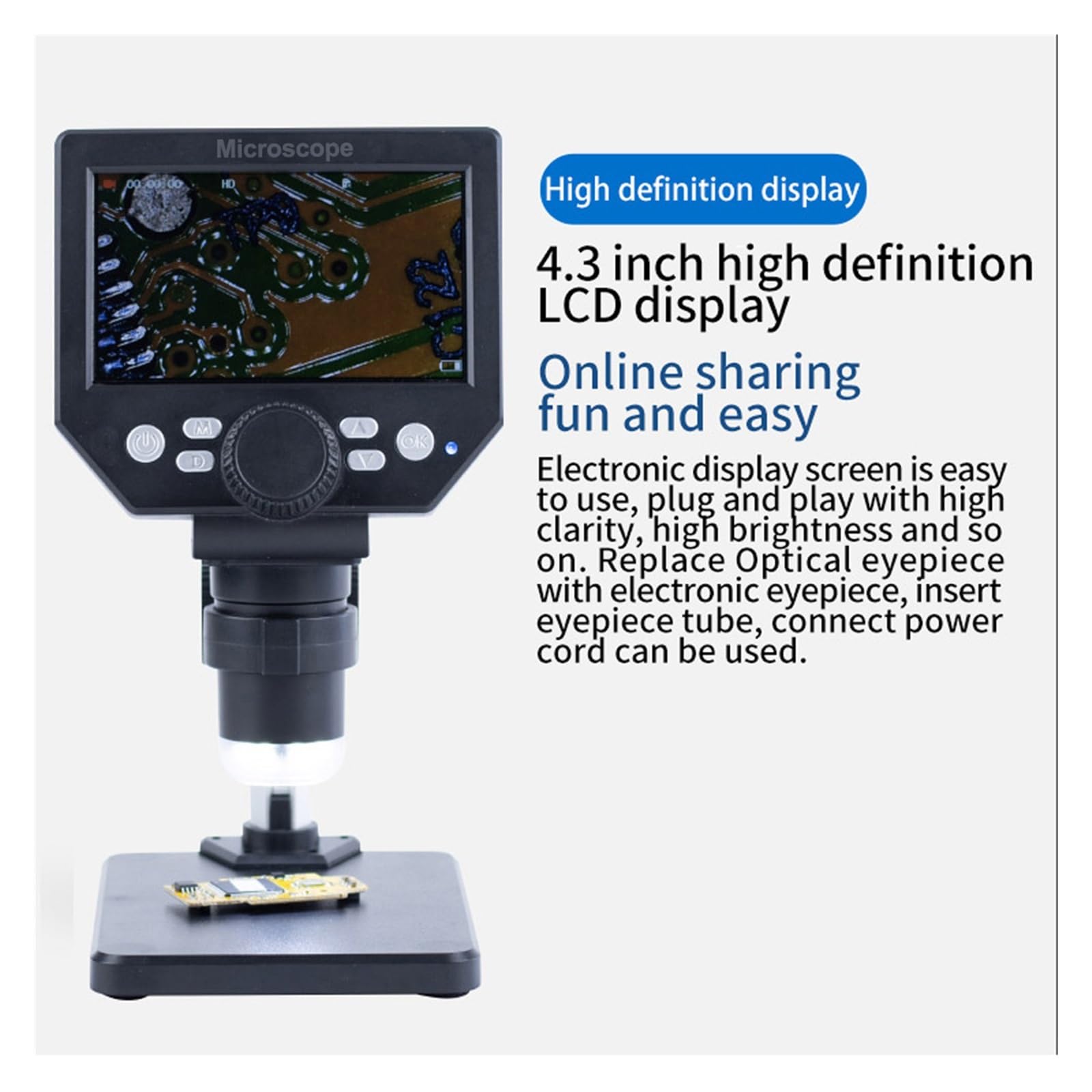 Microscopio electrónico Digital G1000 de 4,3 Pulgadas con Pantalla LCD Base Grande, 10 MP, Aumento amplificación Continua 1-1000X