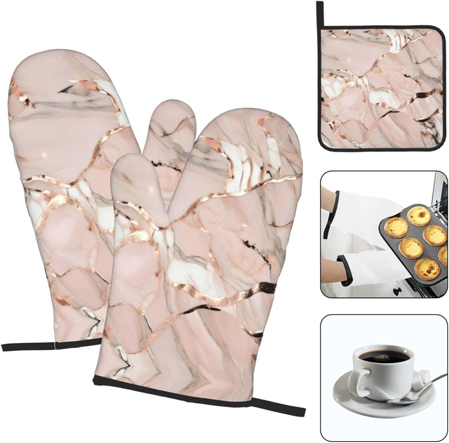 Rose Gold Marble Print Heat Resistant Microwave Gloves, Used for Baking, Cooking, and Fashion Kitchen Essentials
