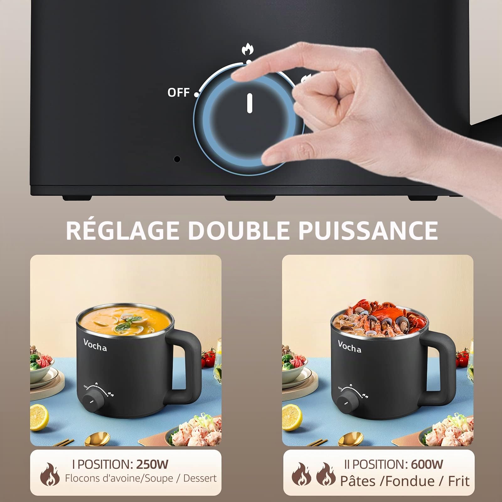 Vocha Multicuiseur Electrique, petite marmite électrique en acier inoxydable 1,6 L, hot pot électrique portable pour chambre d'étudiant/studio/hôtel/camping/bureau - Noir