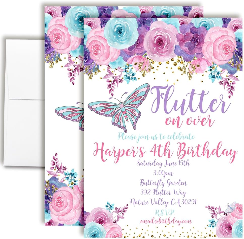Custom Birthday Invitations Floral Butterfly Invitation 20 5x7 Custom Floral Butterfly Birthday Invitation Cards With Envelopes - Unique Party Theme Invites