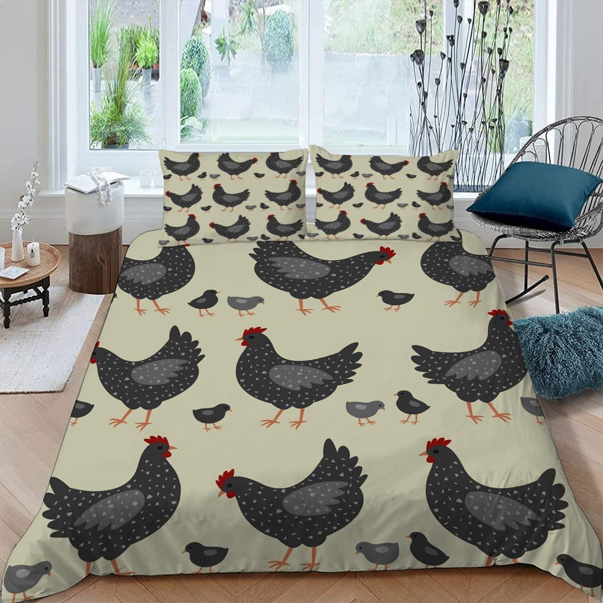 Housse de couette 240x220 poussins noirs parure lit 2 personnes