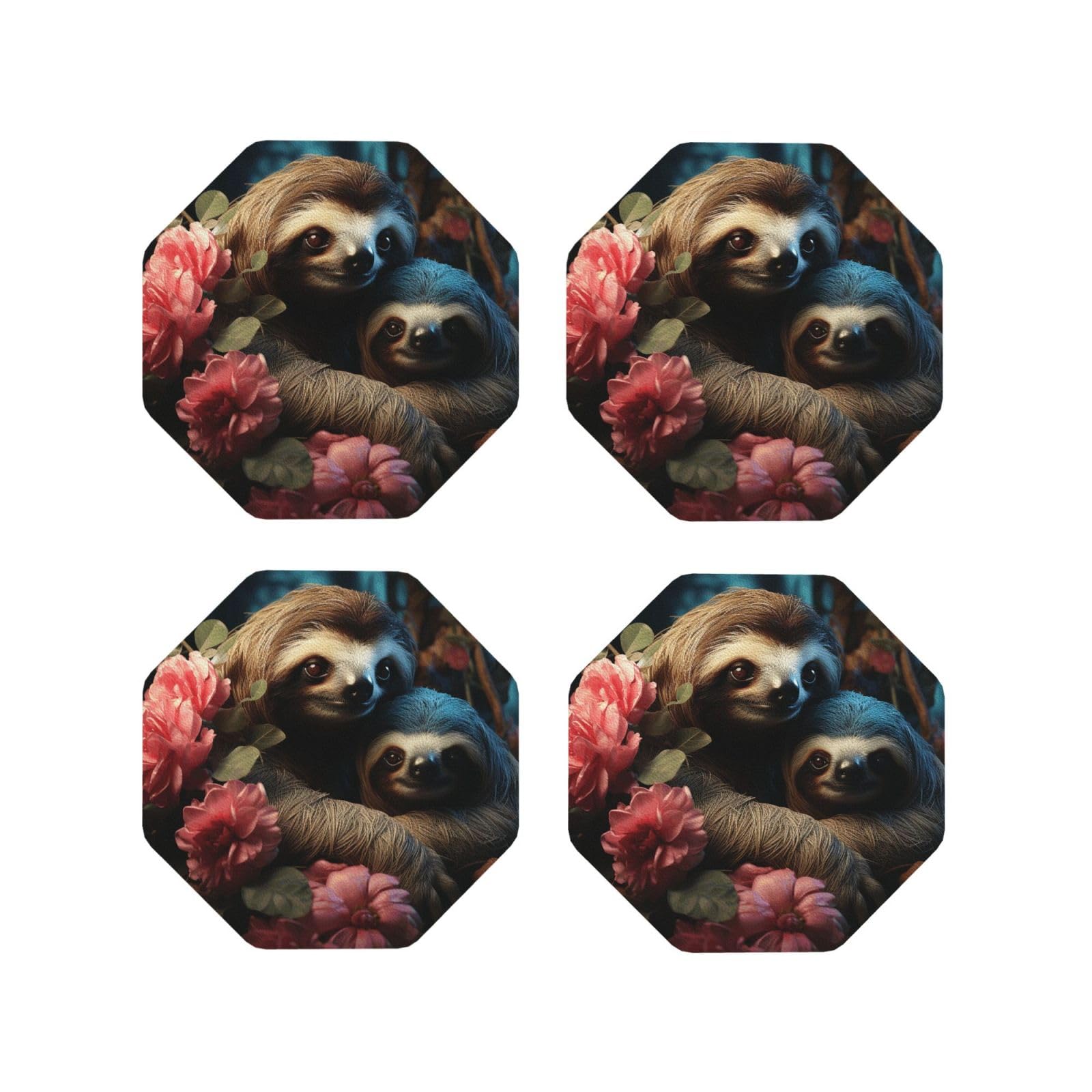 4pcs Drink Coasters for Tabletop Protection, 4" Leather Coasters for Drinks, A Sloth and A Baby Sloth Cup Coasters for Coffee Table Decor, Non-Slip Drinking Cup Mat for Hot Or Cold Drink