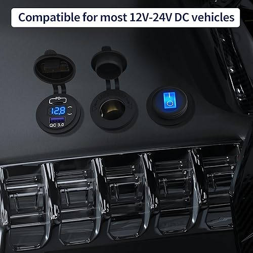 Miniatura 6 de DaierTek Paquete de 3 enchufes de cargador de coche USB C de 12 V, 48 W PD y QC 3.0 de carga rápida con voltímetro e interruptor de