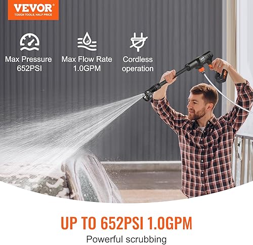 Miniatura 12 de VEVOR Cordless Pressure Washer, 652-PSI 1.1 GPM Portable Power Cleaner, Handheld High-Pressure Car Washer Gun with 4.0Ah Battery, Charger, 6-in-1