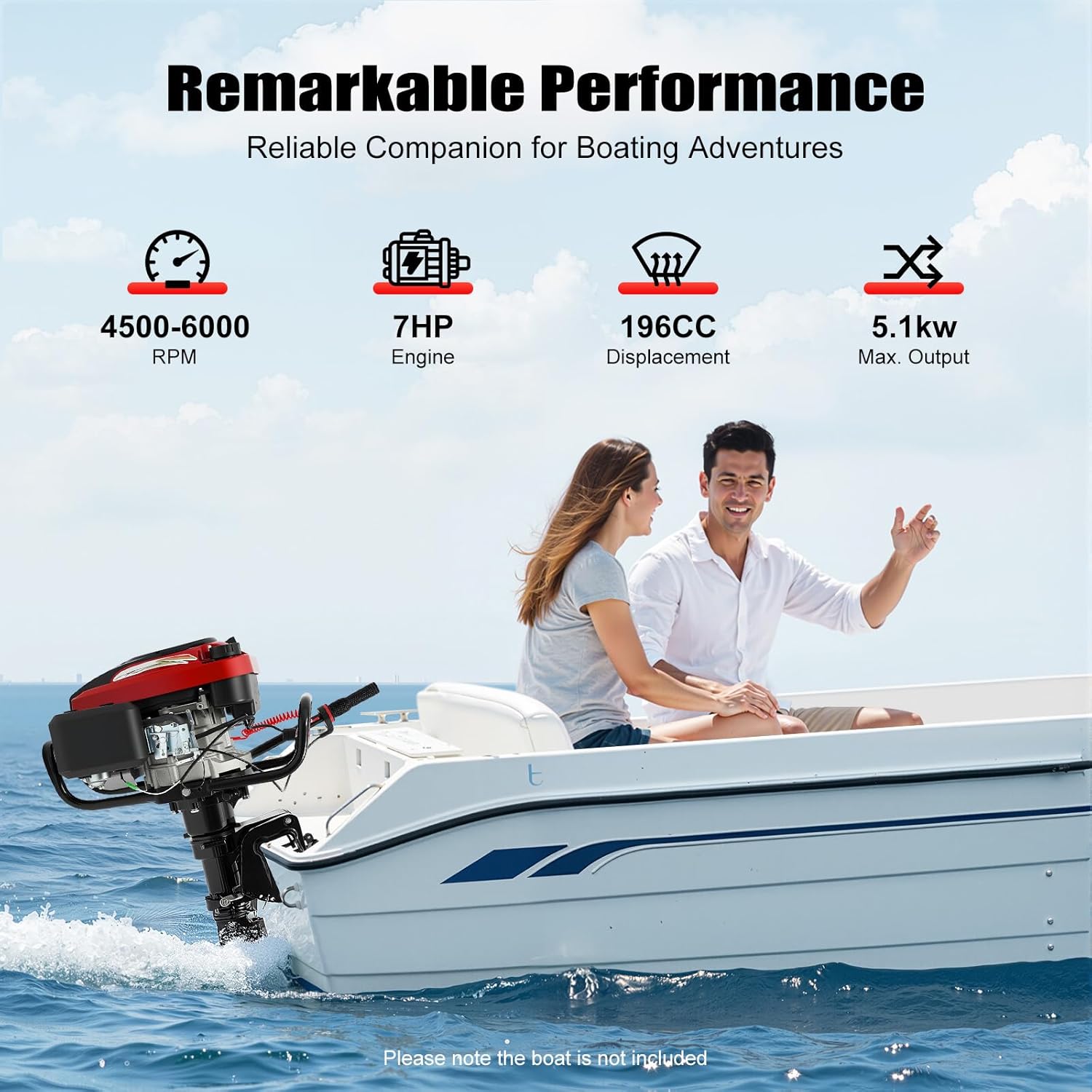 PERFERATE 7 HP 4 Stroke Outboard Motor Heavy Duty 196CC Outboard Boat Motor with TCI Ignition and Air Cooling System 4500-6000r/Min Boat Engine for Inflatable Boats, Fishing