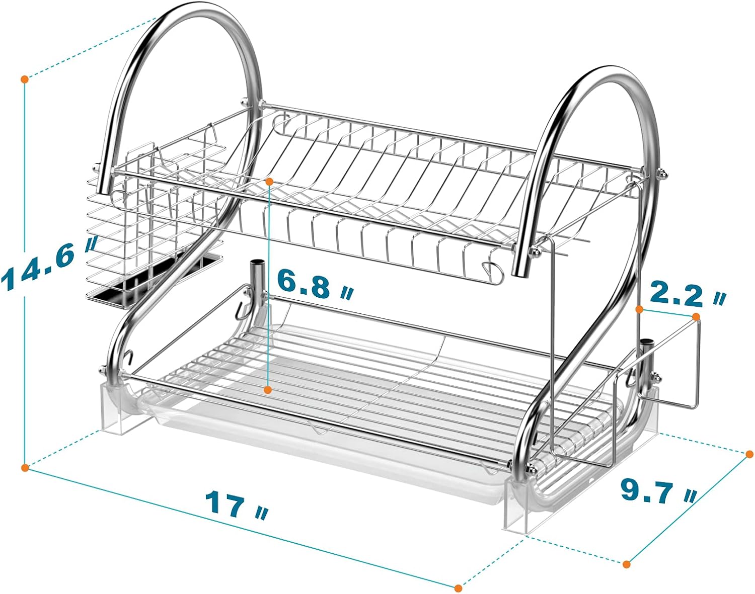 Veckle Dish Drying Rack, 2 Tier Dish Rack with Removable Drain Board Dish Drainer Utensil Holder, Cutting Board Holder for Kitchen Countertop, Silver