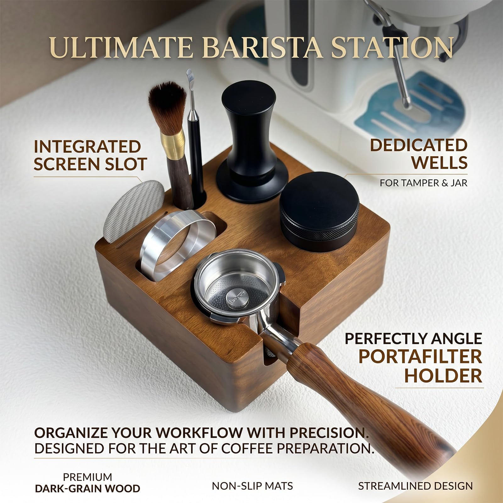 Espresso Tamping Station - Estación de café de madera de nogal para cafeteras de espresso (51/54 mm)