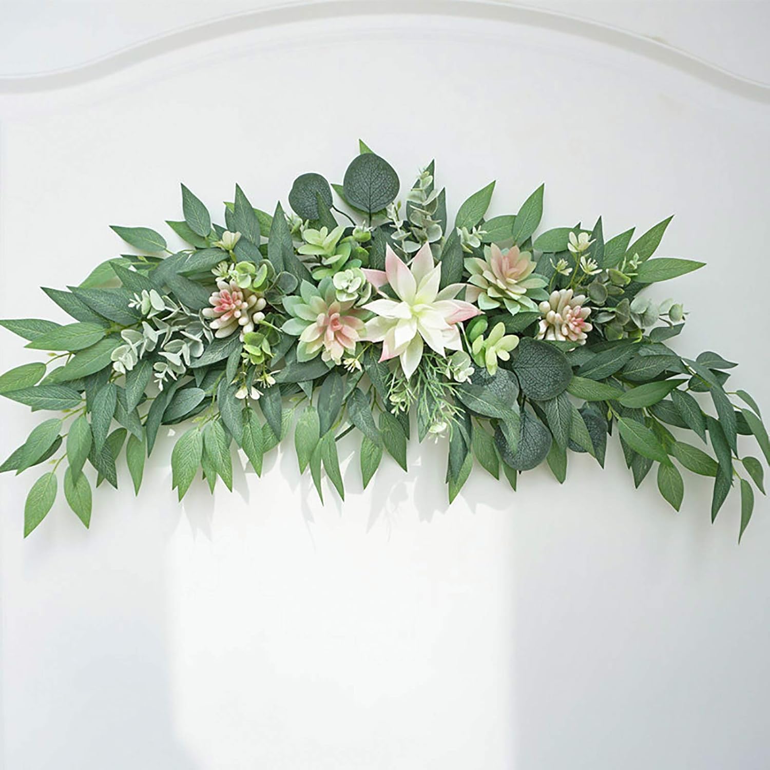 27.6inch Artificial Eucalyptus Swag Decorative Swag with Simulation Succulents Spring Floral Swag Wreath for Home Wedding Arch Wall Decor, Green
