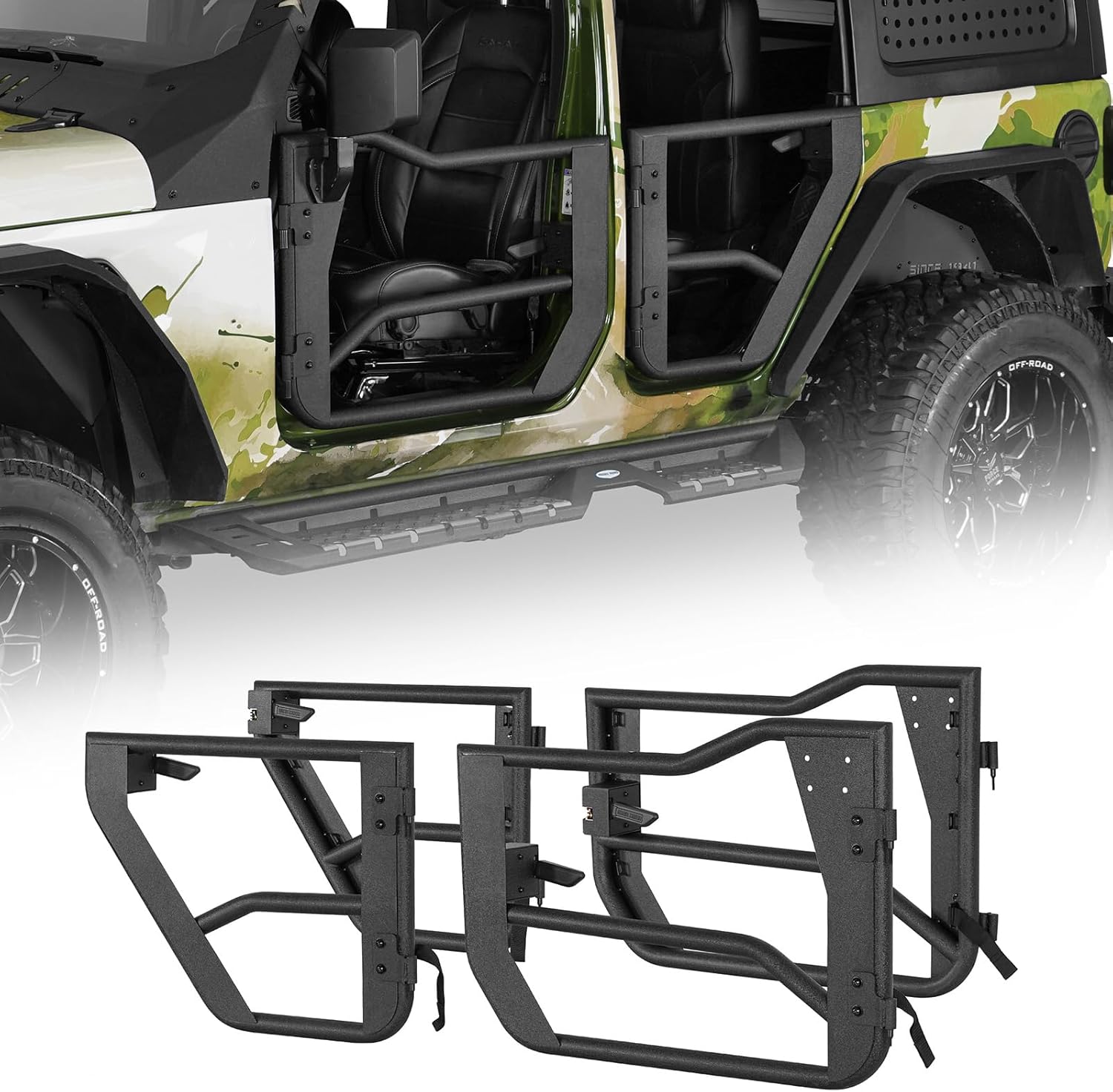 Hooke Road JL/JT Tube Half Front & Rear Doors w/Black Shade Skins for 2018-2026 Jeep Wrangler JL 4-Door & Gladiator JT Models - A Set of 4PCS