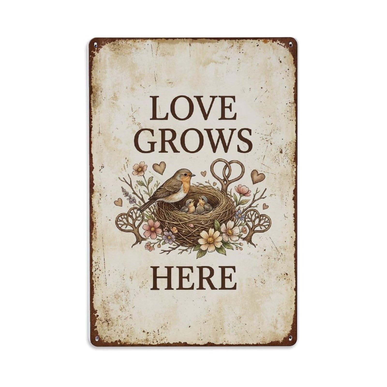 Fqnyr Style Love Grows Here Family Nest Metal Tin Sign Plaque Wall Decor For Cafe, Club Bar, Office, Home Garden Metal Poster 8X12inch