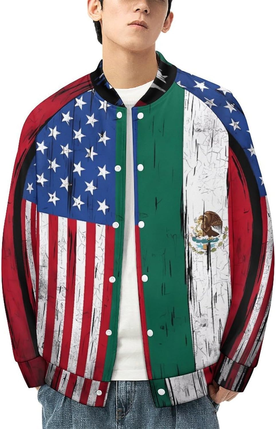 Half US Half Mexican Flag Novelty Men's Baseball Jackets Causal Sweatshirt Button Top Long Sleeve Coat