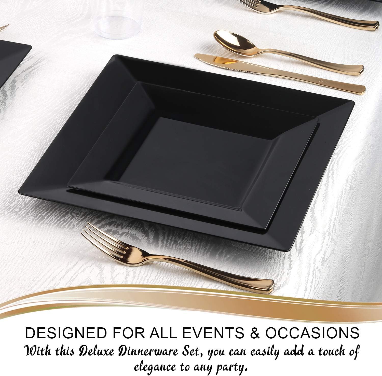 Kaya Collection - Square Black Disposable Plastic Dinnerware Party Package - Includes Dinner Plates, Salad/Dessert Plates, Gold Cutlery, Tumblers (120 Person Package)