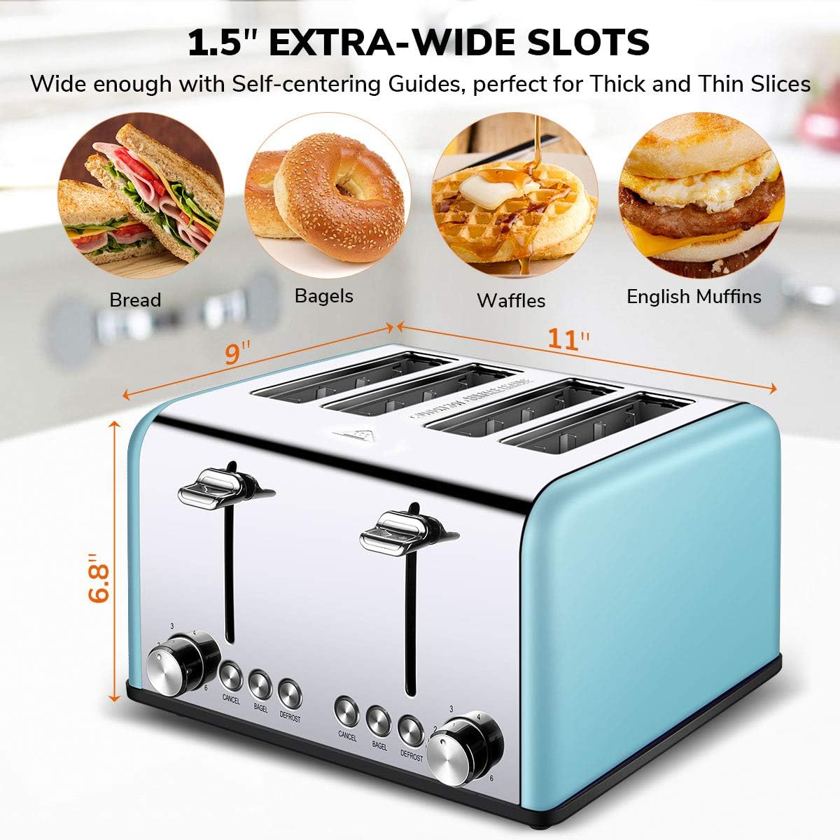 4 Slice Toaster, CUSIBOX Extra Wide Slots Toaster with Bagel, Defrost, Cancel Function, Colorful Stainless Steel, 6 Bread Shade Settings, 1650W, Blue