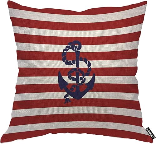 Miniatura 1 de AOYEGO Funda de almohada de ancla azul marino, cadena de equipo de barco, fondo de rayas rojas, vela, barco marino, mar, mar, 18 x 18 pulgadas,