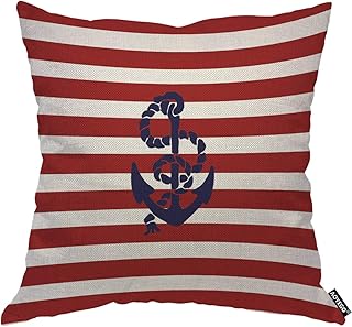 AOYEGO Navy Blue Anchor Throw Pillow Cover Boat Equipment Chain Red Striped Background Sail Ocean Ship Marine Sea Pillow Case 18x18 Inch Decorative Men Women Room Cushion Cover for Home Bed