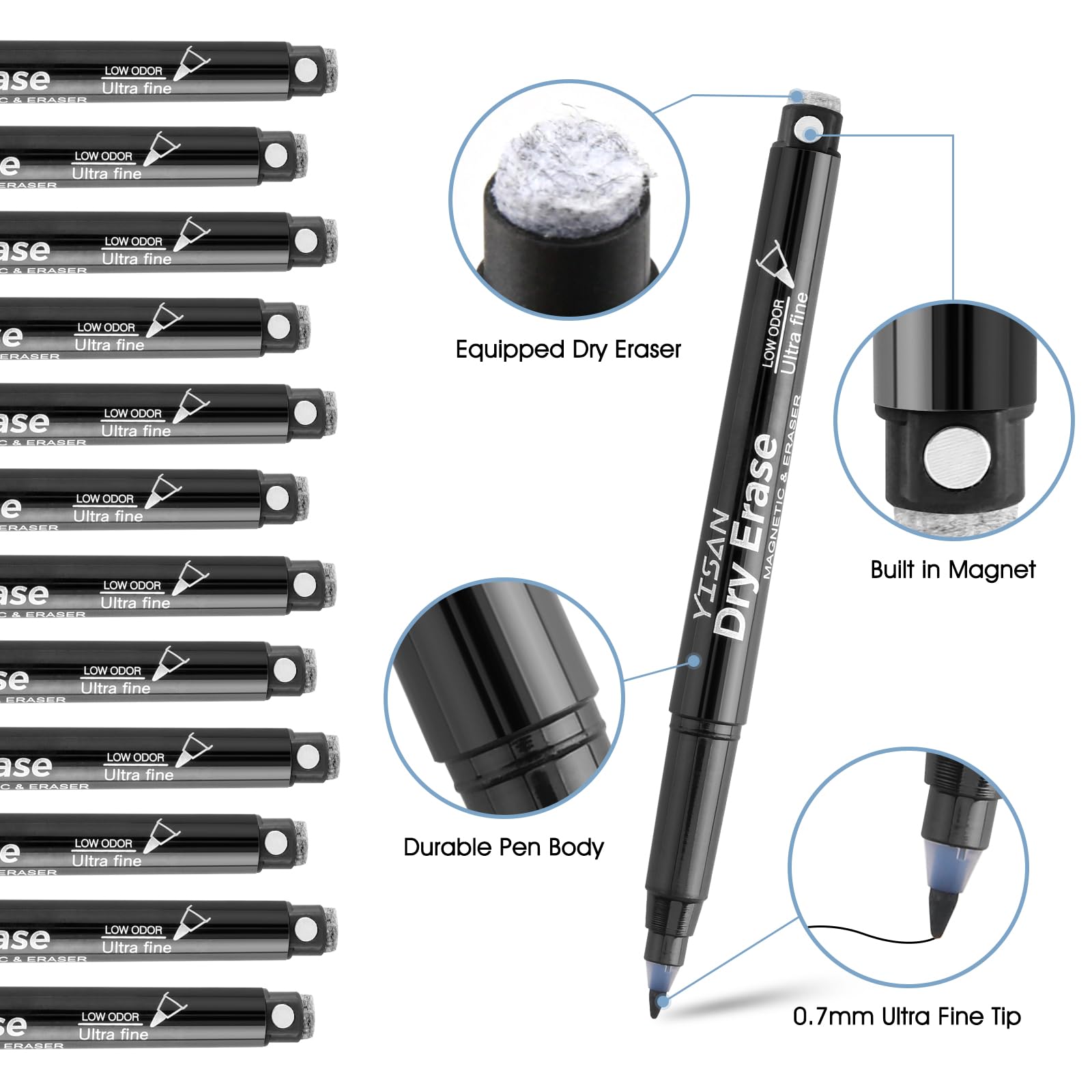 YISAN Marcadores negros de borrado en seco, punta ultrafina 0.7 mm, para pizarra blanca