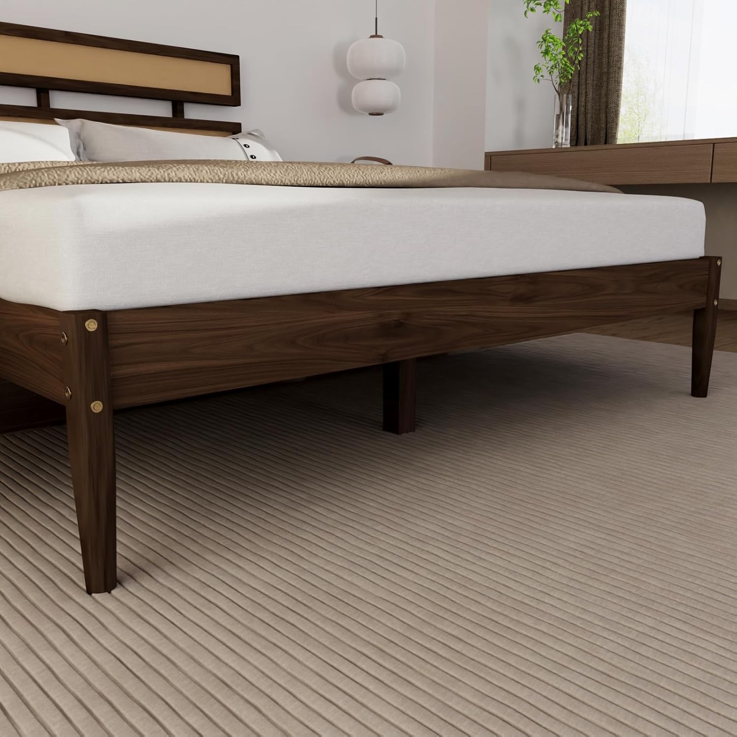 Karl home Bohemia Wood Bed Frame, Queen Size Platform Bed with Rattan Slatted Headboard, Mid-Century Retro Style, Noise-Free Slat Support, No Box Spring Needed, for Bedroom, Guestroom, Walnut Brown