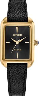Citizen 여성용 Eco-Drive 드레스 클래식 시계, 블랙 가죽 스트랩, 블랙 다이얼, 3핸드 (모델: EM1192-01E)