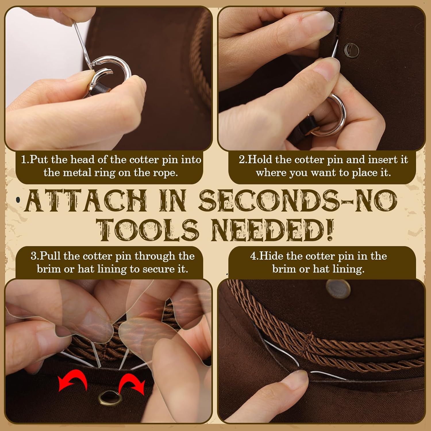 2 Pack Genuine Leather Hat Chin Straps – Brown & Black Adjustable Hat Cords with Cotter Pins – Real Cowhide Windproof Strap for Cowboy, Sun, Western, and Outdoor Hats for Men & Women - Image 3