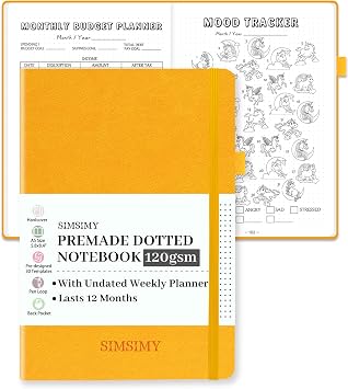 Premade Bullet Dotted Journal Notebook, Pre-made Dot Grid Journaling with Undated Weekly & Monthly Planner, Various Trackers, Lasts 1 Year, A5