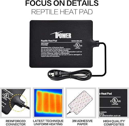 Miniatura 2 de iPower Almohadilla de calor para reptiles debajo del tanque, calentador de terrario para tortuga, lagarto, rana, serpiente, reptil y otros animales