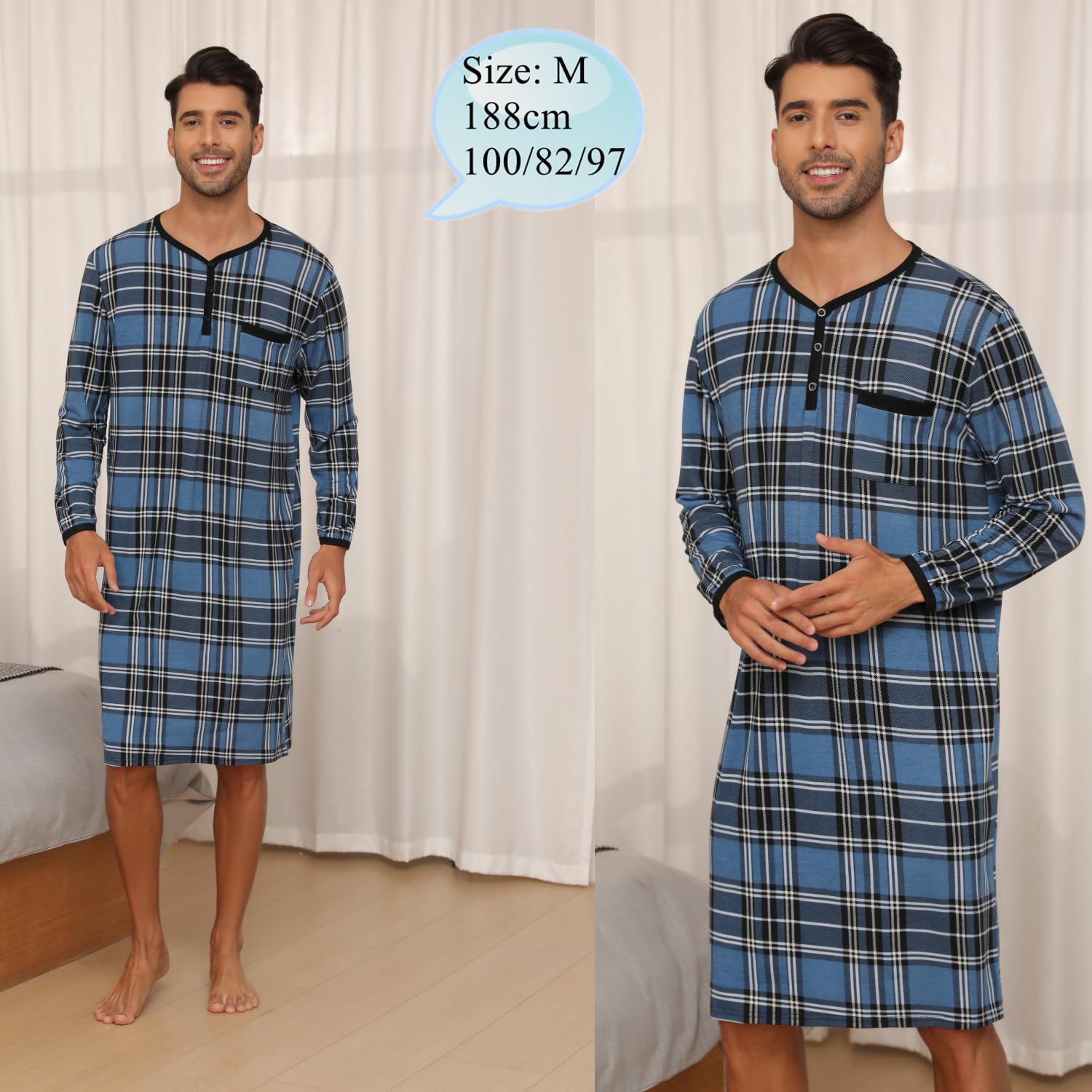 Chemise de Nuit Homme Pyjama Manches Longues Manches Courtes Hauts de Pyjama Homme Tee-Shirt Long Col Rond avec Boutons Vêtements d'Intérieur T-Shirt Grande Taille Douce Confortable