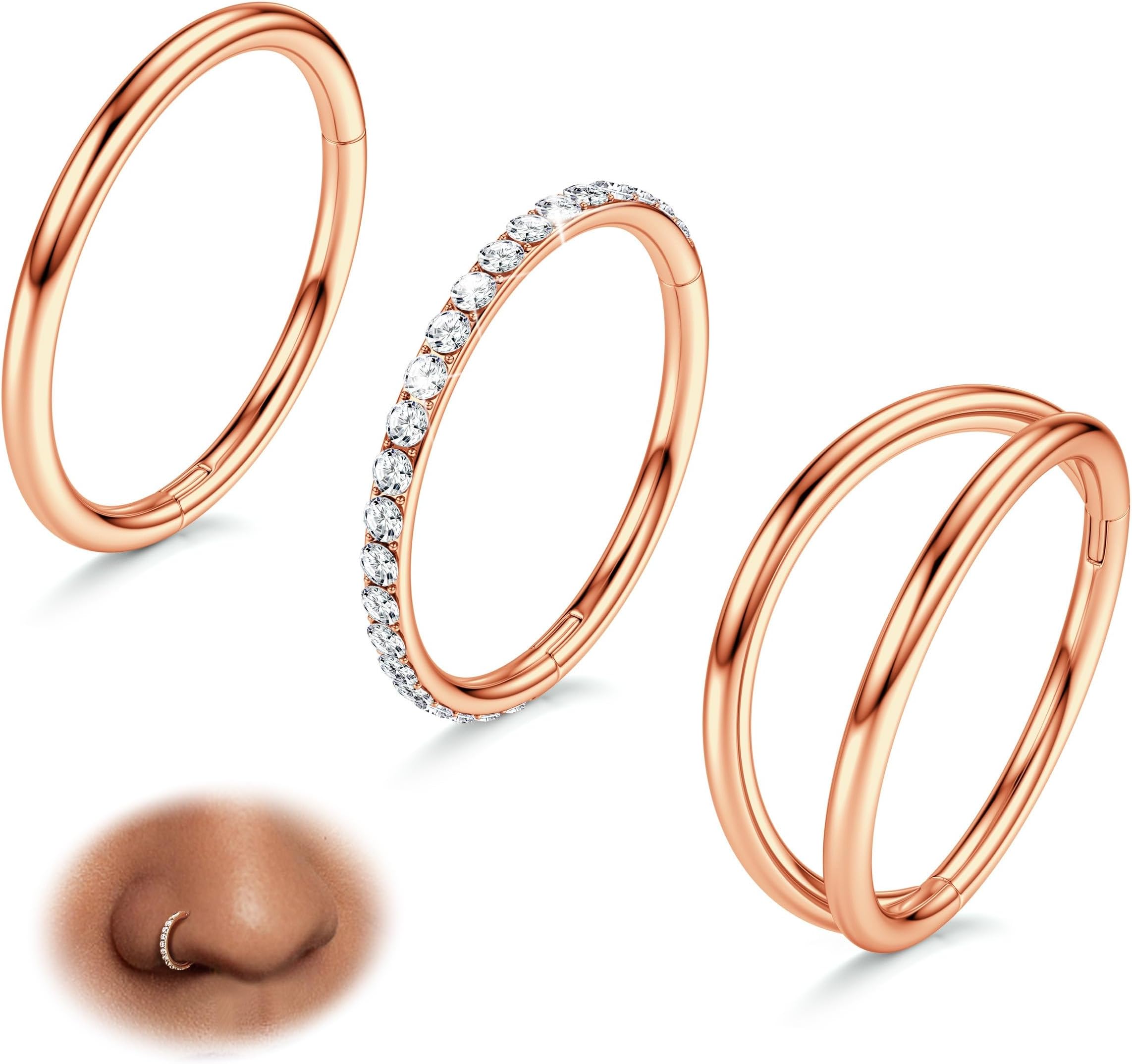 BodyBonita 3pcs Nose Rings Hoops - Double Hoop Nose Ring 14/16/18/20G Hinged CZ Piercing Jewelry Septum Clicker Rings Cartilage Earring Helix Rook Tragus Daith 7mm/8mm/9mm/10mm