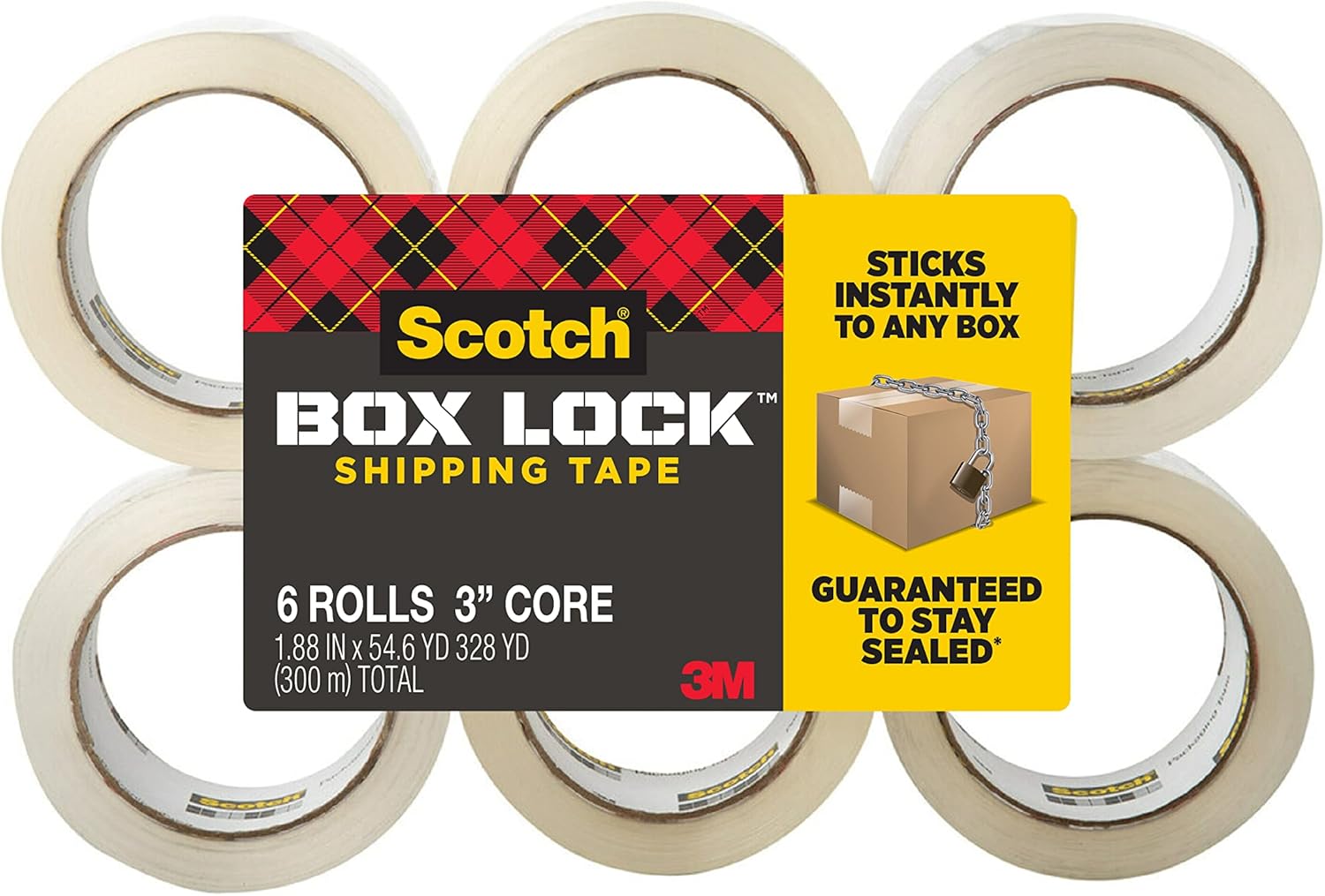Scotch Box Lock Packaging Tape, 6 Rolls, 1.88 in x 54.6 yd